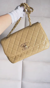 Chanel 2001 Vintage Beige Caviar Jumbo Classic Flap Bag 24k GHW Curved MQV