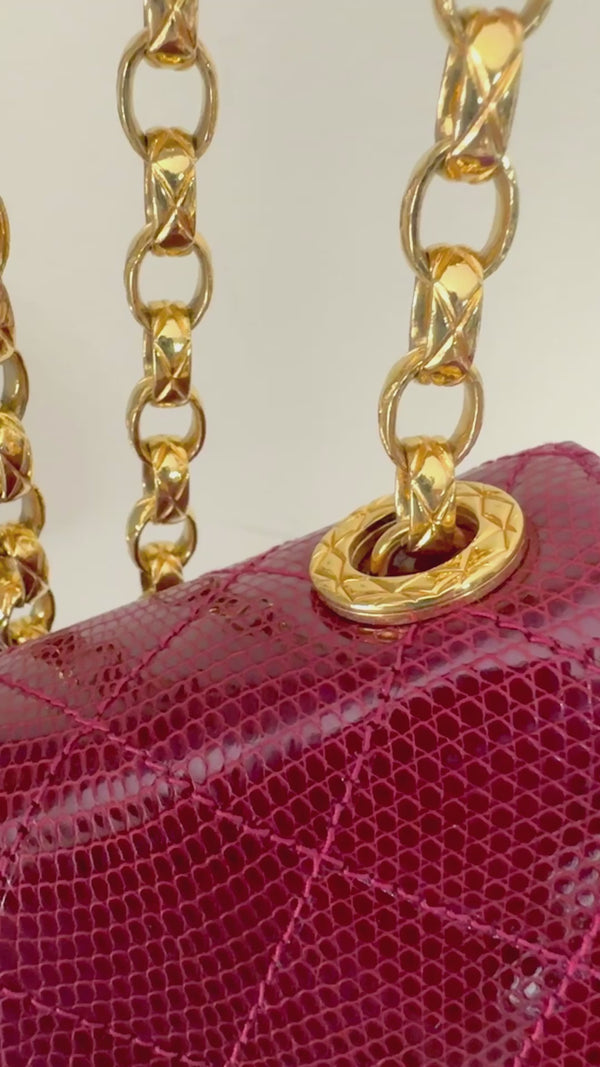 Chanel Vintage Lizard Mini Flap Bag 1980s Rare Red Etched Chain Round PSK