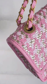 Chanel 23C Woven Houndstooth Pink Gold White Flap Bag GHW 72B