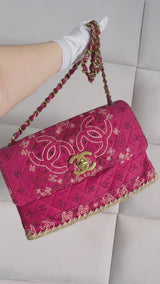 Chanel 1994 Vintage Dark Pink Bandana Maxi Straw Jumbo Flap Bag Paisley Print HKK