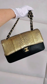 Chanel 2017 Gold Python Black Suede Medium Classic Double Flap Bag GHW S2O
