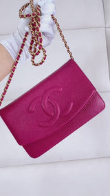 Chanel 2000 Vintage Fuchsia Pink Caviar Timeless Classic Wallet on Chain WOC Bag 24k GHW     ACG