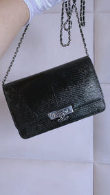 Chanel 2019 Black Shiny Lizard Golden Class WOC Wallet on Chain Flap Bag RHW HK5