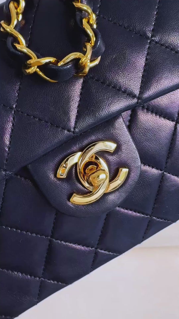 Chanel 1989 Vintage Navy Blue Square Mini Flap Bag 24k GHW Lambskin OW1