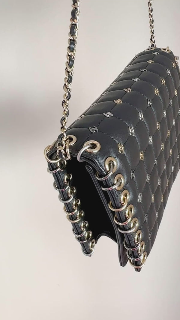 Chanel CC Studded Bag Pristine 16B Black Punk Piercing Clutch on Chain LES