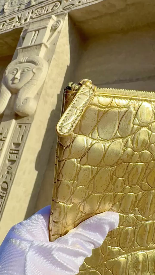 Chanel 19A Egypt Paris-New York Crocodile Print Gold Clutch O Case Bag Medium OED