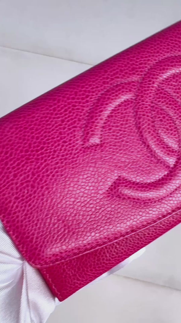 Rare Pristine Chanel 1996 Vintage Fuchsia Pink Caviar Long Wallet