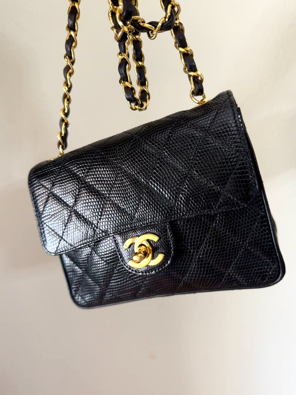 Chanel Vintage Lizard Mini Flap Bag 1993 Black Square 24k GHW RXB