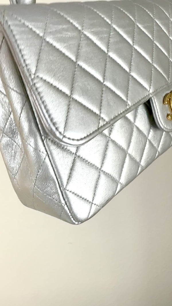 Chanel 1994 Vintage Silver Parent-Child Kelly Flap Bag 24k GHW