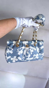 Chanel 2004 Vintage Lucky Clover Blue White Print Frame Bag GHW ZK4