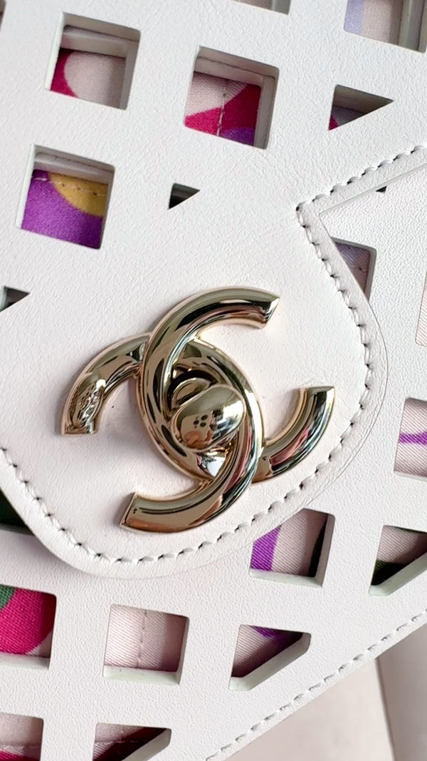 Chanel White Pink Diamond Cutout See Through Medium Flap Bag GHW F6M