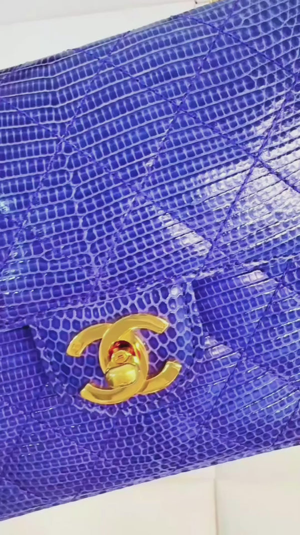 Rare Chanel 1989 Vintage Royal Blue Lizard Square Mini Evening Bag 24k GHW 37W