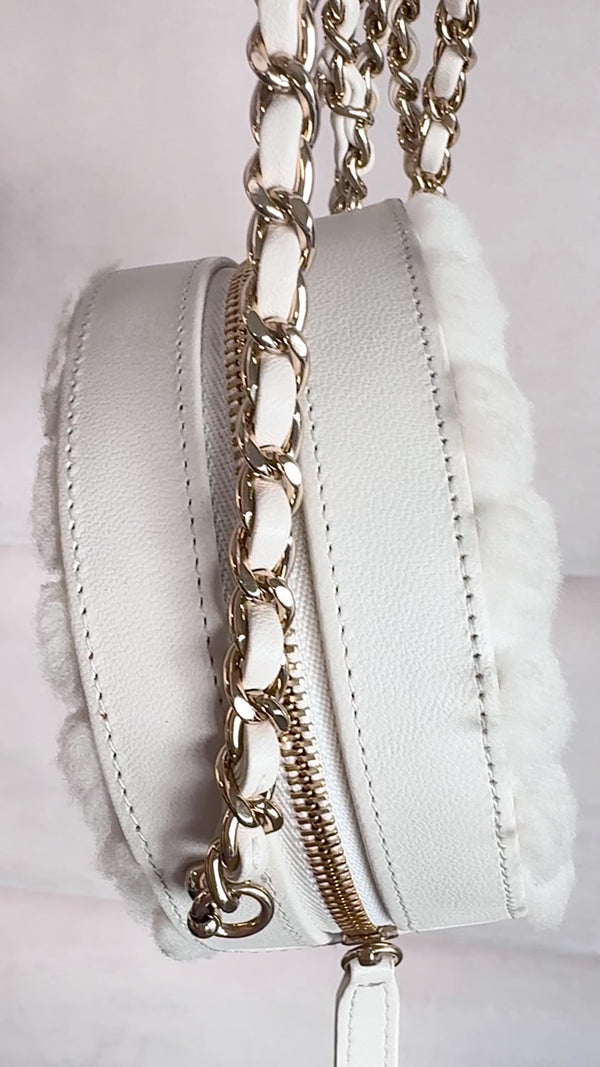 Chanel 2019 White Shearling Chevron Fur Mini Round Drum Bag GHW 6RF