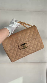 Chanel 1994 Vintage Wool Tweed Beige Quilted Classic Jumbo Clutch Flap Bag 24k GHW
