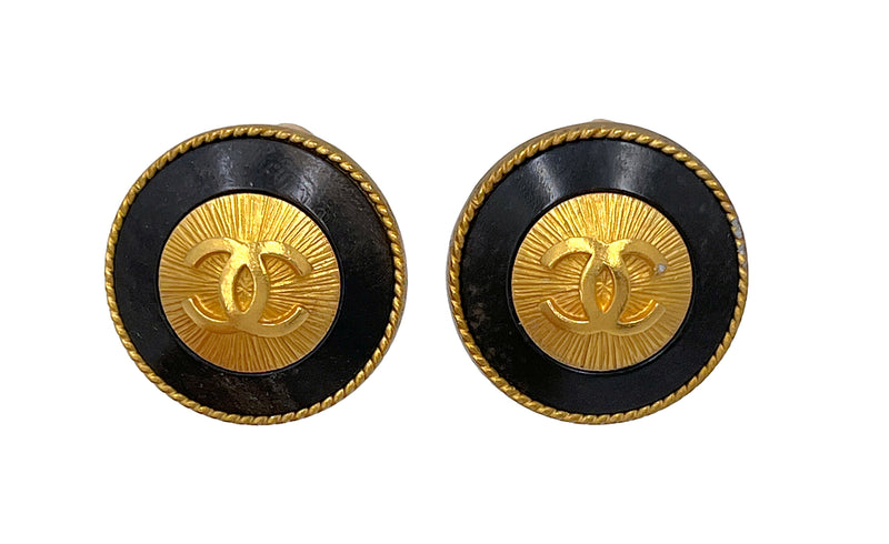 Chanel Vintage 94P Gold Sunburst Logo and Dark Wood Stud Earrings - Boutique Patina
