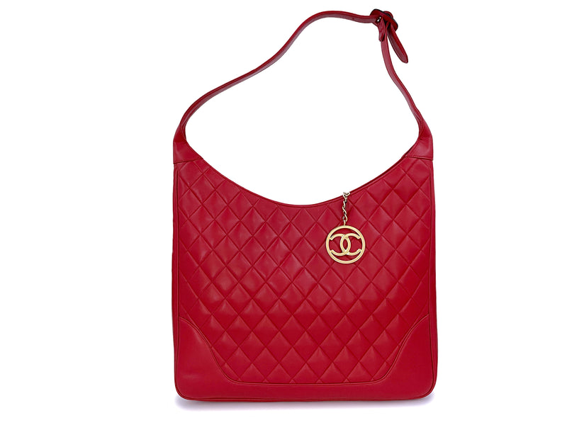 Chanel 1991 Vintage Red Lambskin Oversized XL Hobo Tote Bag 24k