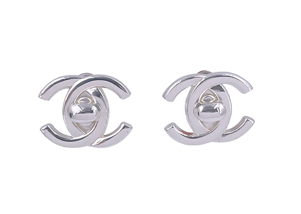 Chanel Silver CC All Over Crystal Piercing Earrings