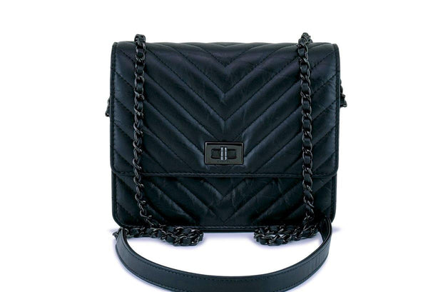 New 17K Chanel So Black Chevron Reissue Square WOC Wallet Chain Flap Bag - Boutique Patina