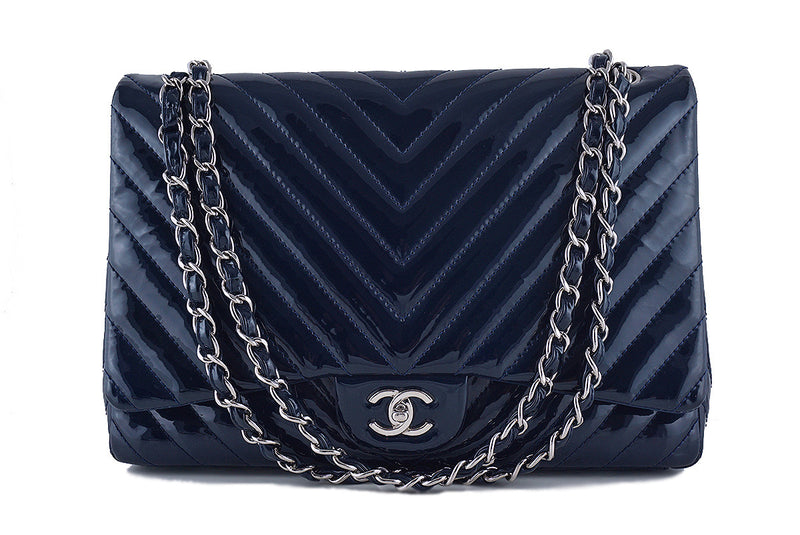 Chanel Chevron Classic Maxi Flap Bag, Navy Blue Patent 2.55