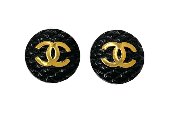 Chanel Vintage 1980s Large Black Quilted Logo Button Giant Stud Earrings - Boutique Patina