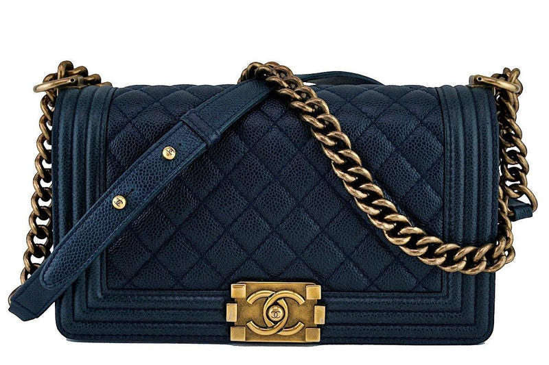 Chanel Navy Blue Le Boy Classic Flap, Medium Caviar Bag - Boutique Patina