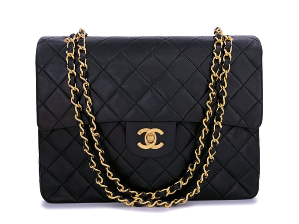Chanel 1989 Vintage Black Tall Medium Classic Double Flap Bag 24k GHW Lambskin - Boutique Patina