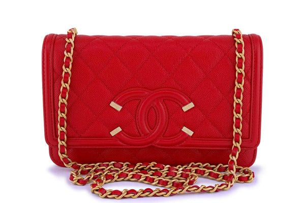 NIB 18P Chanel Red Caviar Filigree WOC Wallet on Chain Flap Bag - Boutique Patina
