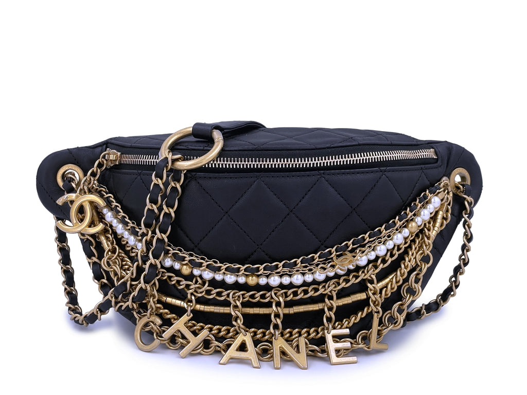 CHANEL Calfskin Chain 20s Signe Waist Bag Black 520099
