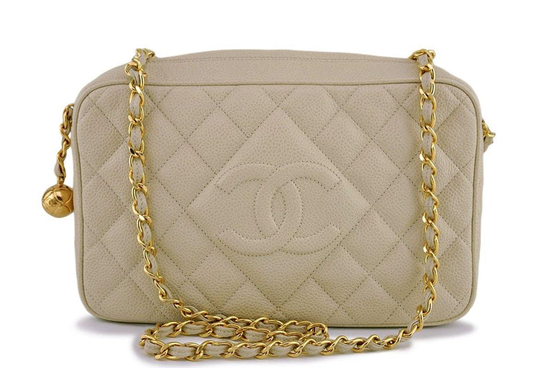 Chanel Vintage Light Beige Caviar Classic Quilted Camera Case Bag