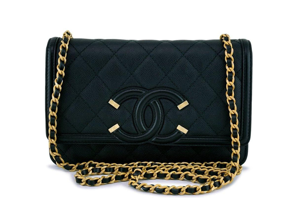 Black Quilted Caviar CC Filigree WOC Wallet On Chain Gold Hardware, 2020