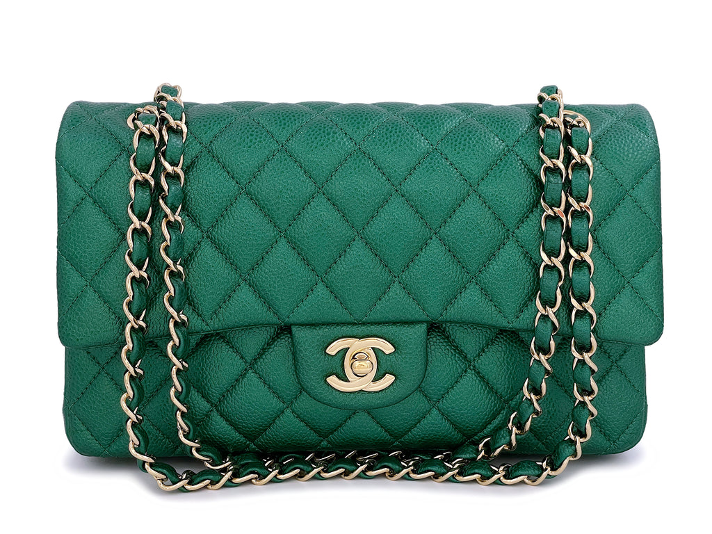 Chanel Quilted M/L Medium Double Flap Iridescent Olive Green Caviar Aged  Gold Hardware 18C