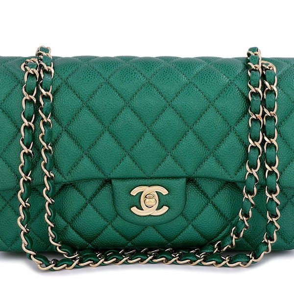 18S Chanel Iridescent Pearly Emerald Green Caviar Medium Classic