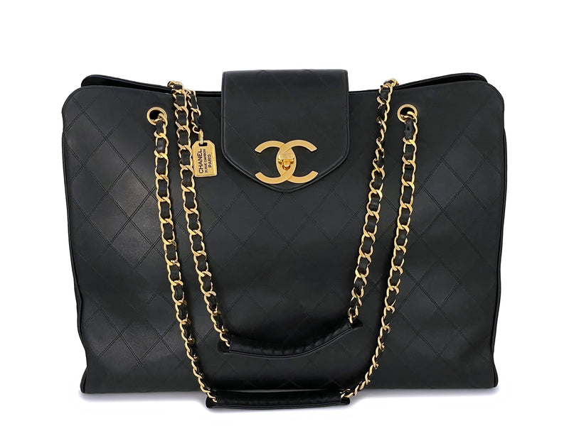 Chanel 1992 Vintage Black Weekender Supermodel XL Shopper Tote Bag 24k GHW - Boutique Patina