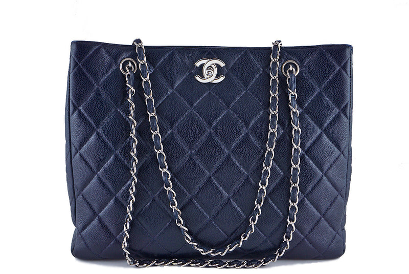 Chanel Caviar Navy Blue Classic Quilted Shopper Tote Bag - Boutique Patina