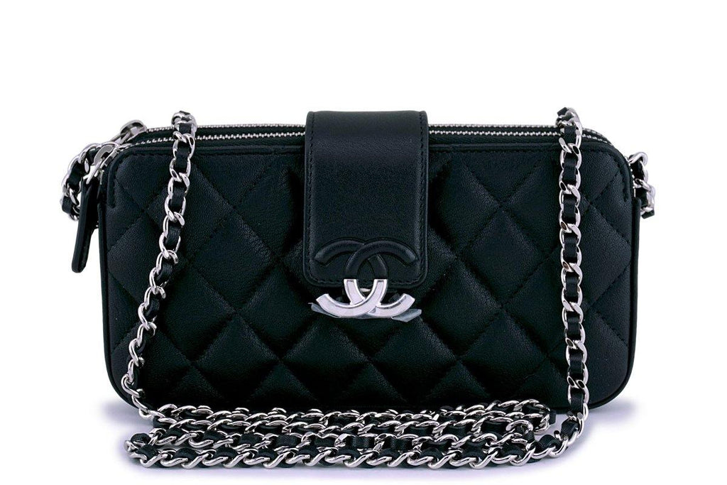 Authentic CHANEL Double Zip Clutch Wallet Silver Tone Chain Strap