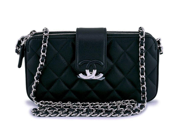 New 18P Chanel Black CC Double Zip Clutch Wallet on Chain WOC Bag - Boutique Patina