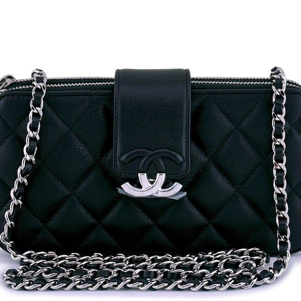 New 18P Chanel Black CC Double Zip Clutch Wallet on Chain WOC