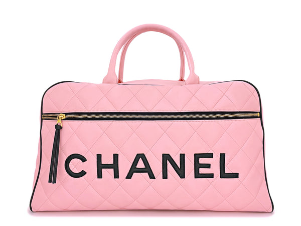 Chanel 1995 Vintage Pink XL Large Duffle Bowler Lettered Logo Bag - Boutique Patina