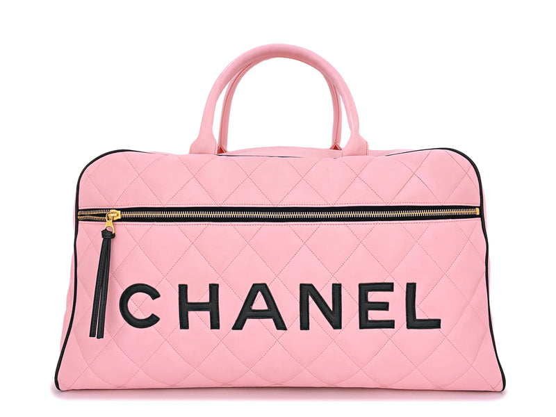Chanel 1995 Vintage Pink XL Large Duffle Bowler Lettered Logo Bag