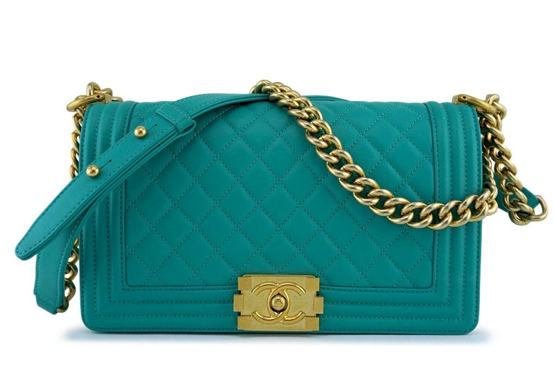 Pristine 17C Chanel Turquoise Blue Boy Classic Flap, Medium Lambskin Bag GHW - Boutique Patina