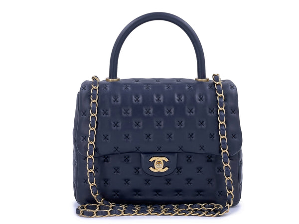 Chanel Paris-Rome Cross Stitch Handle Flap Bag Navy Blue GHW - Boutique Patina