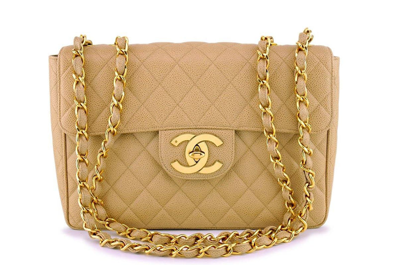 Pre-owned Chanel Jumbo Classic Double Flap Bag Beige Caviar Gold