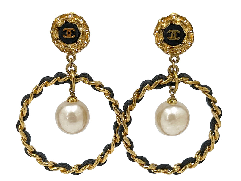 Chanel Vintage Woven Chain Collection 27 Pearl Drop Hoop Earrings