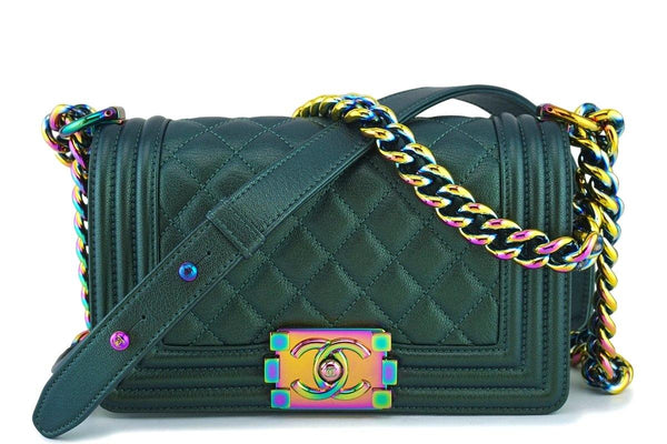 16C Chanel Iridescent Emerald Green Small Boy Classic Flap Bag Rainbow HW - Boutique Patina