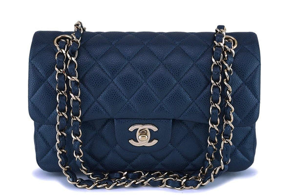 18S Chanel Caviar Iridescent Blue Small Classic Double Flap Bag GHW - Boutique Patina