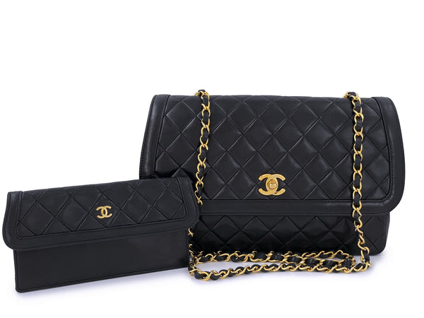 Chanel 1990 Vintage Black Lambskin Framed Flap Bag with Wallet Set - Boutique Patina