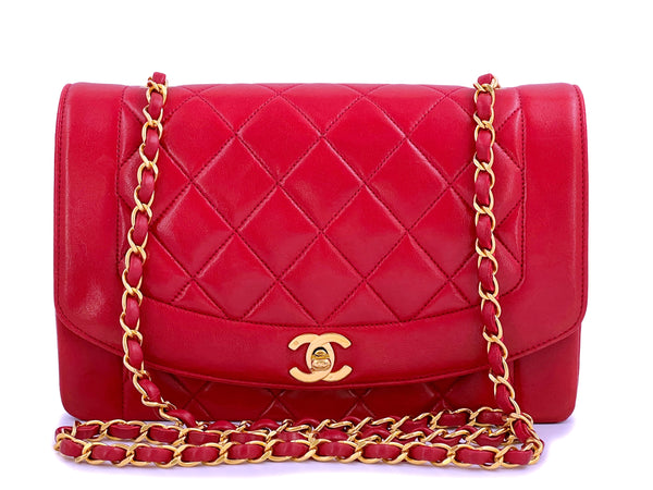 Chanel 1992 Vintage Red Diana Flap Bag Lambskin Medium 24k GHW - Boutique Patina