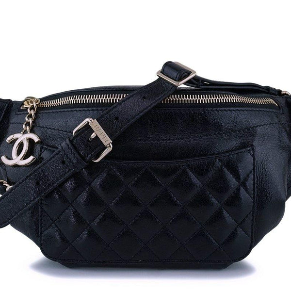 Chanel Black Glazed Calfskin Fanny Pack Belt Bag Gold Hardware
