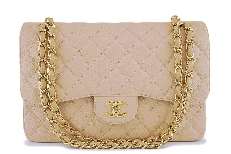 Chanel Medium Classic Double Flap Beige Clair Caviar Leather Gold GHW 2010 Bag
