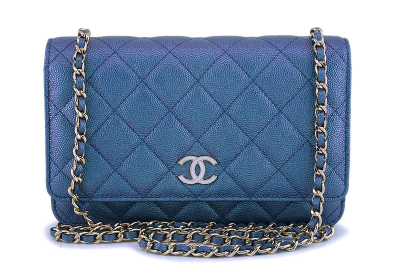 NIB 19S Chanel Iridescent Blue Caviar Classic Wallet on Chain